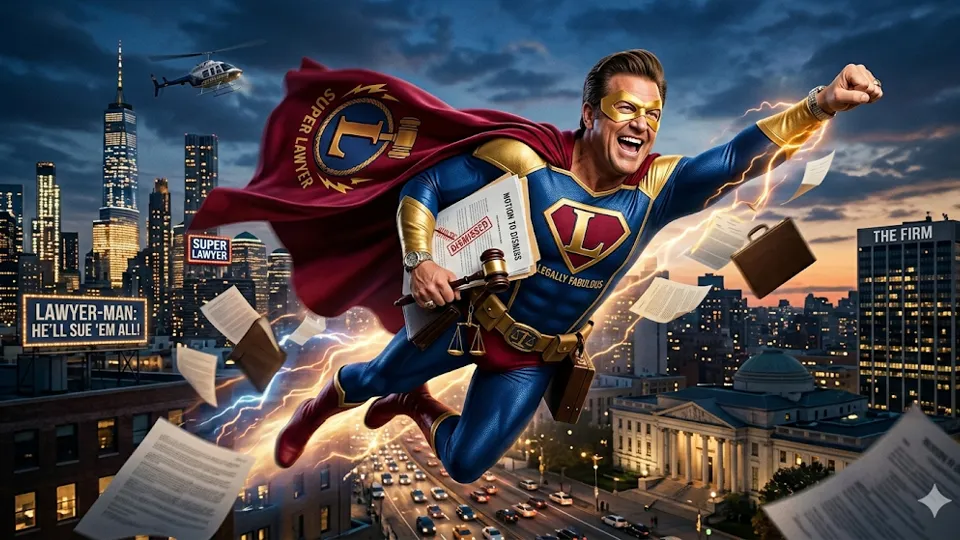 Superhero lawyer with cape flying over city